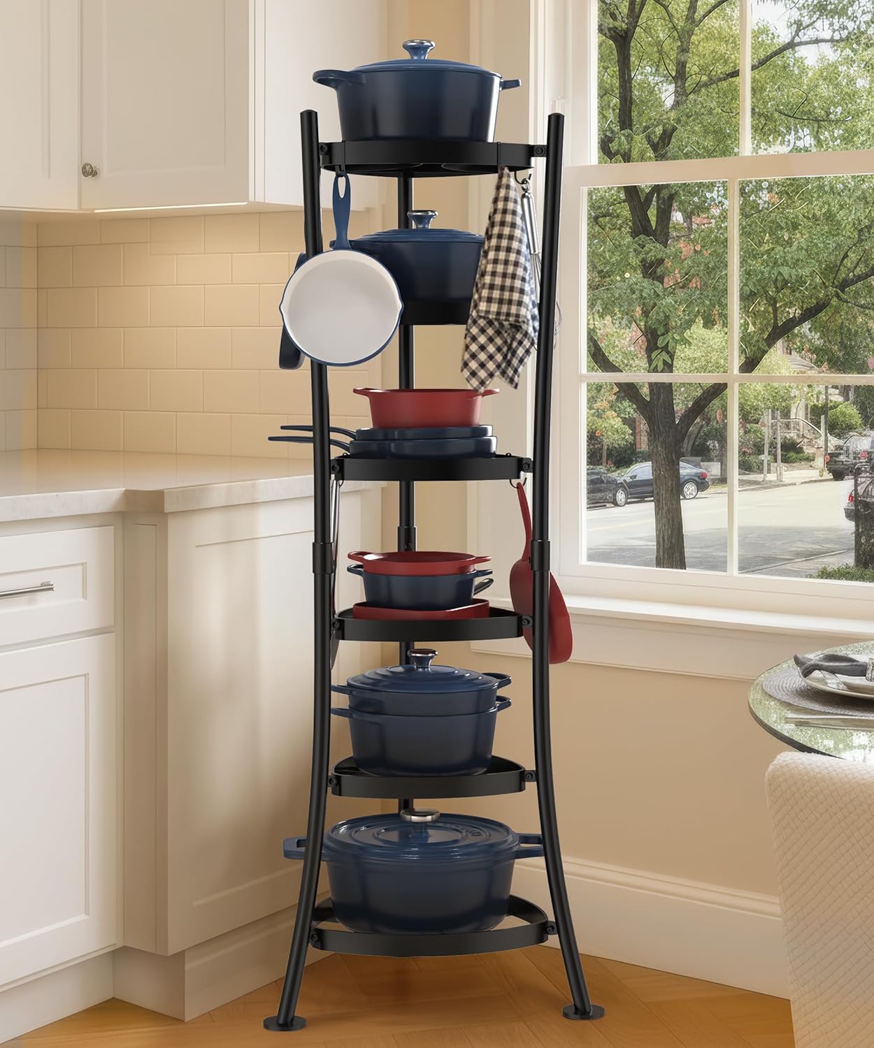 Freestanding Pot Rack with 6 Tiers and Hooks for Kitchen Storage