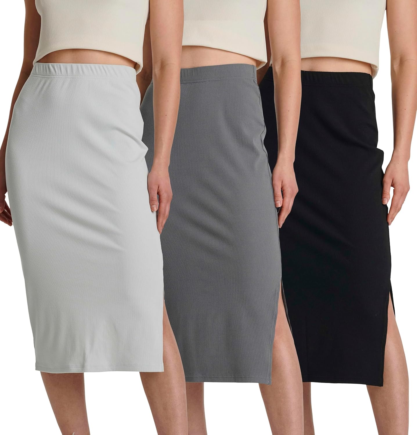 Women's Midi Ribbed Knit Skirt with Side Slit for Work