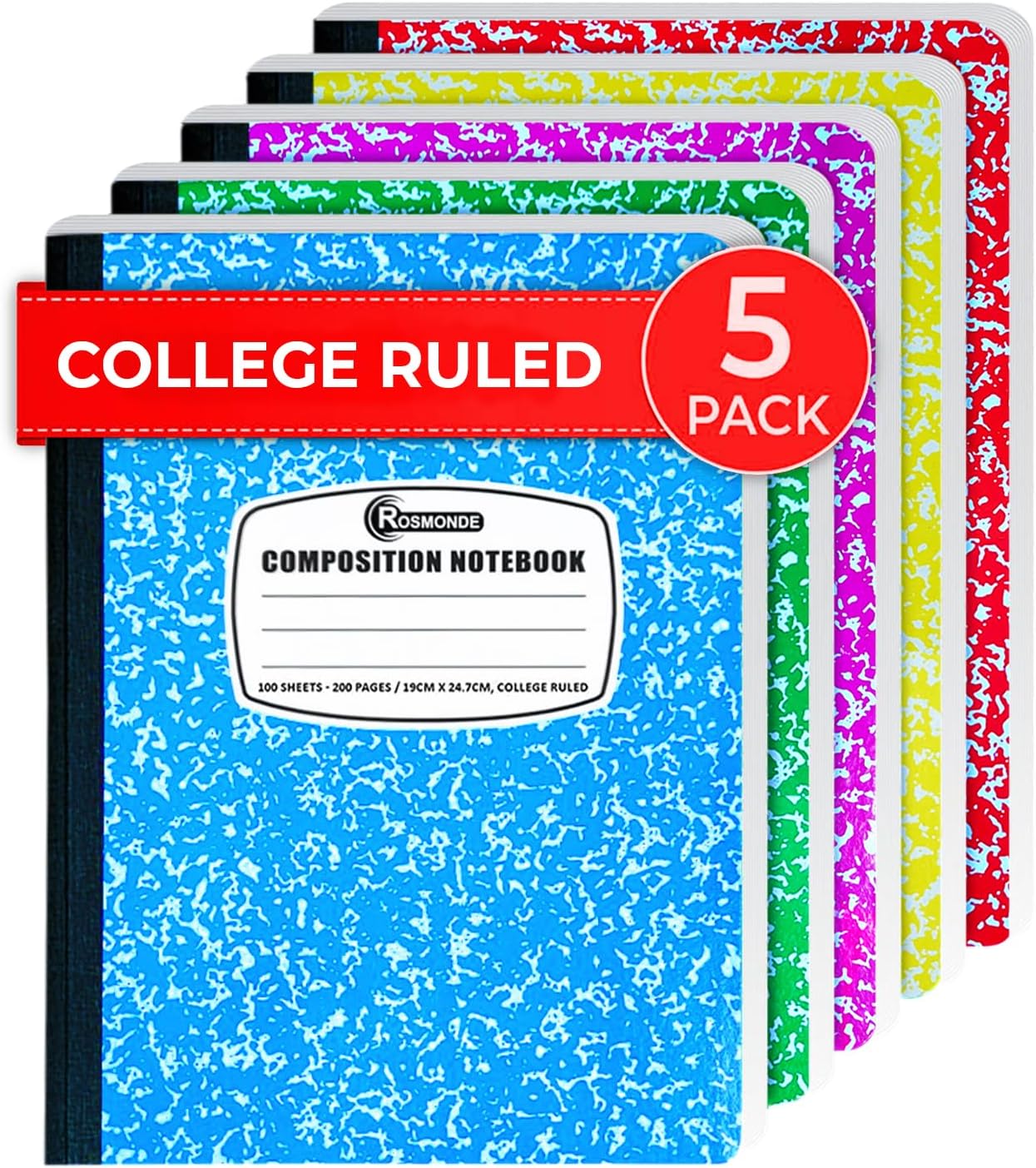 Rosmonde College Ruled Notebooks - 5 Pack, 200 No Bleed Pages, Perfect for Work & School