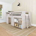 Twin Low Loft Bed with Bookcase - Modern Farmhouse Solid Wood