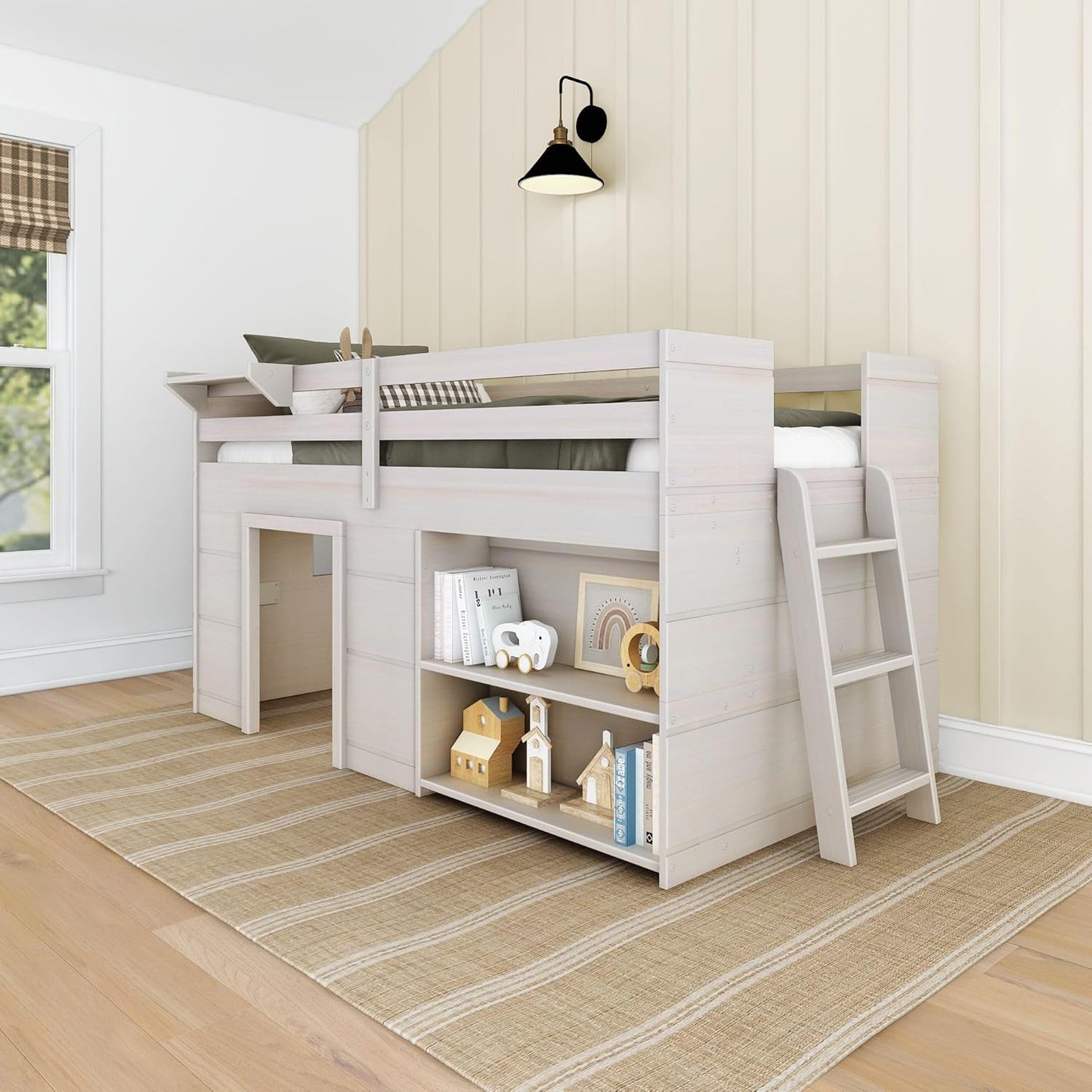Max & Lily Modern Farmhouse Twin Low Loft Bed with Bookcase