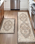 Kitchen Floor Mats Set of 2 17x29 + 17x59 Beige and Brown