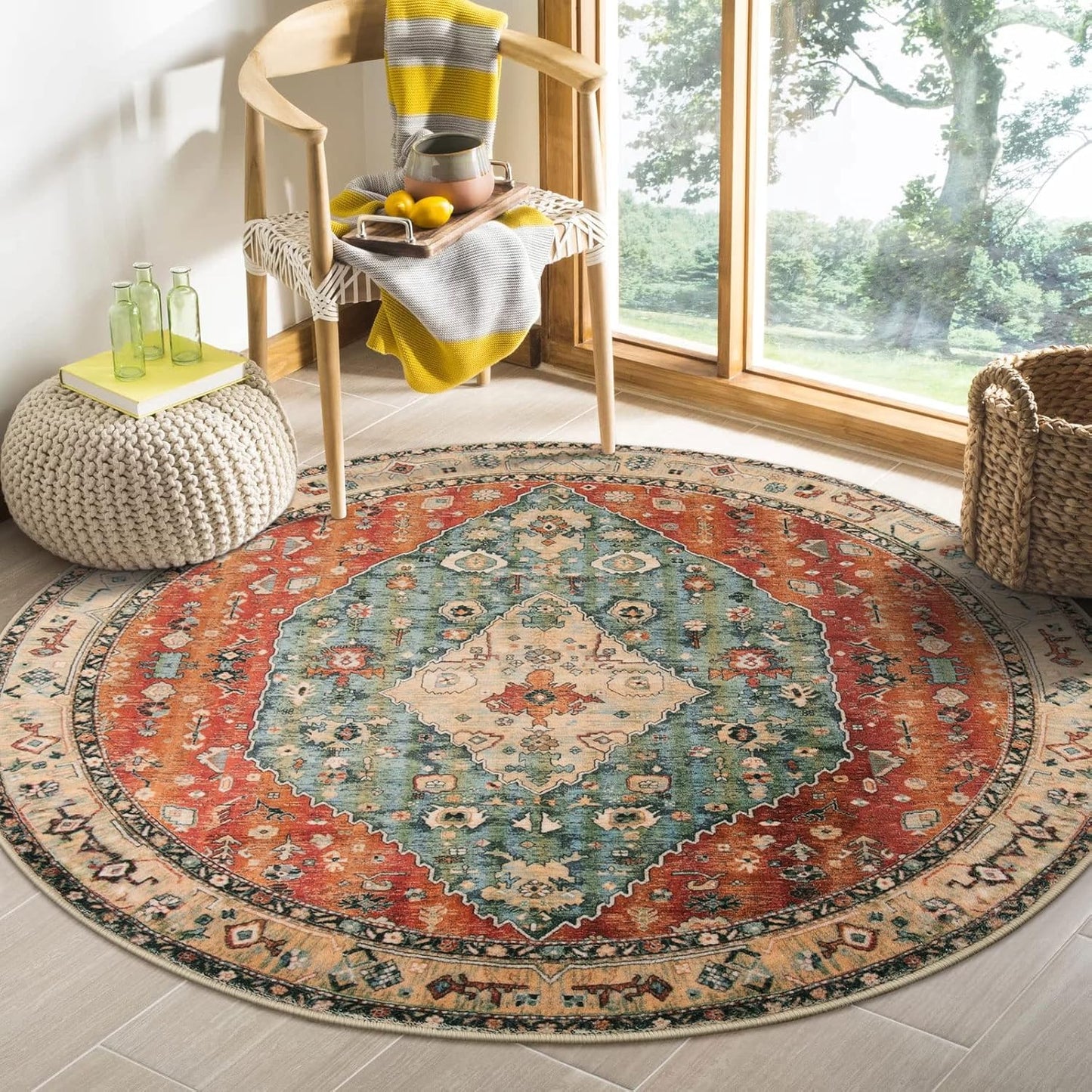Lahome Boho Tribal Round Rug 4ft Soft Washable Area Rug