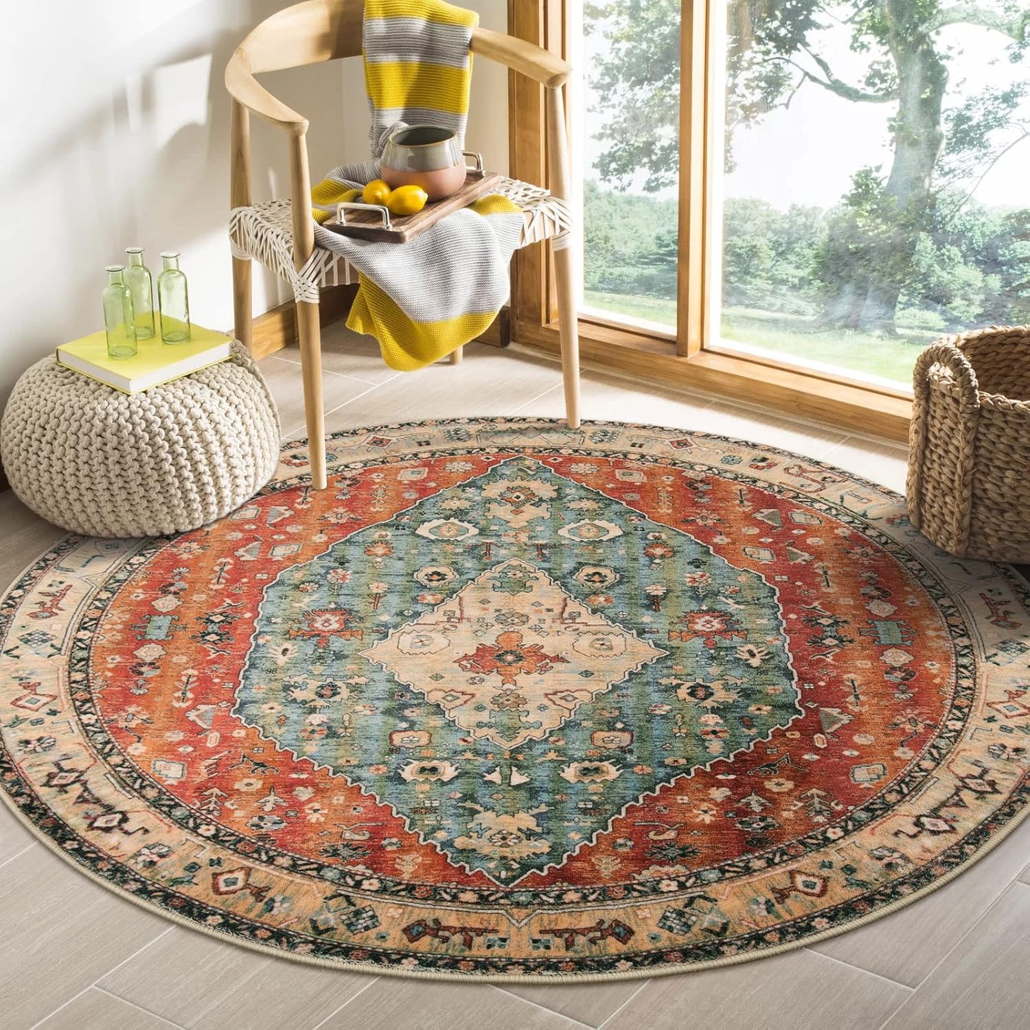 Lahome Boho Tribal Round Rug 4ft Soft Washable Area Rug