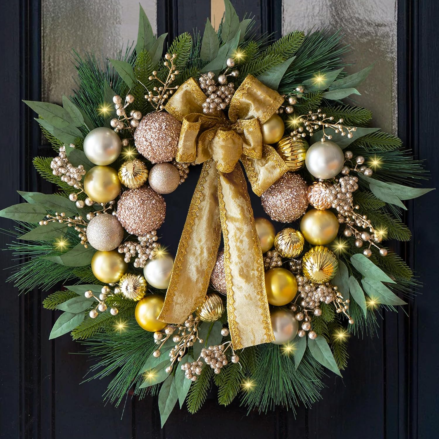 Christmas Wreath with Lights, 24 Inch for Front Door Decor