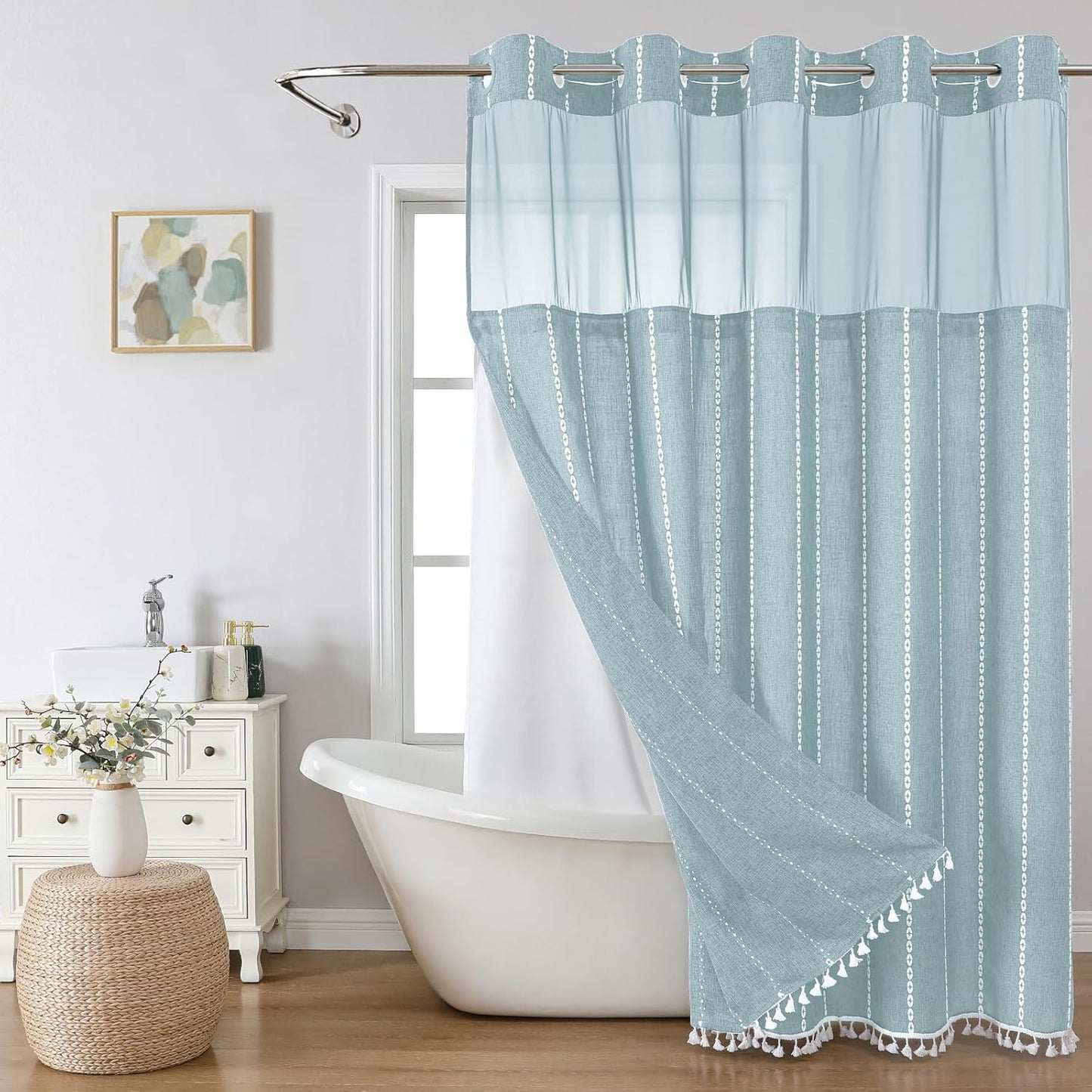 Boho Farmhouse Shower Curtain Set with Snap-in Liner, Fog Blue