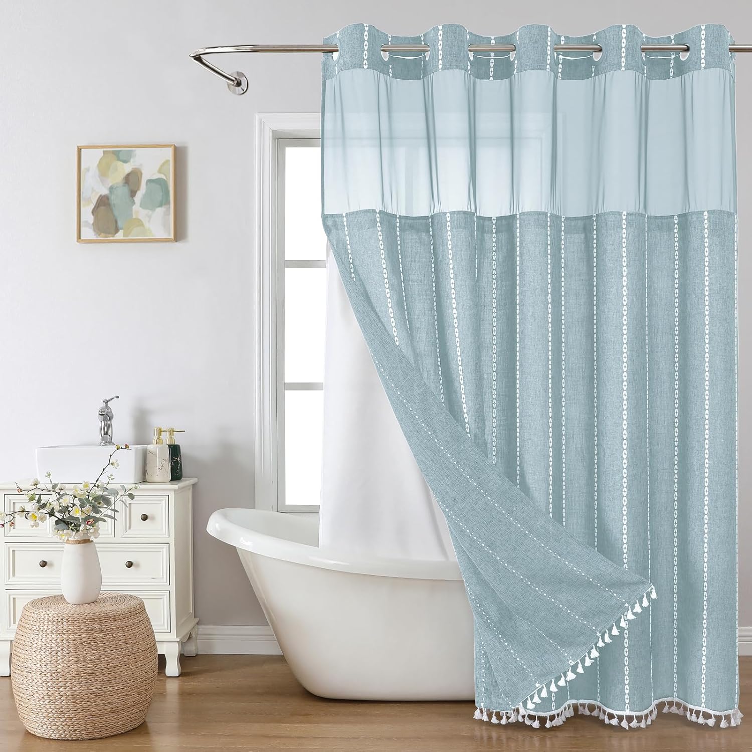 Boho Farmhouse Shower Curtain Set with Snap-in Liner, Fog Blue