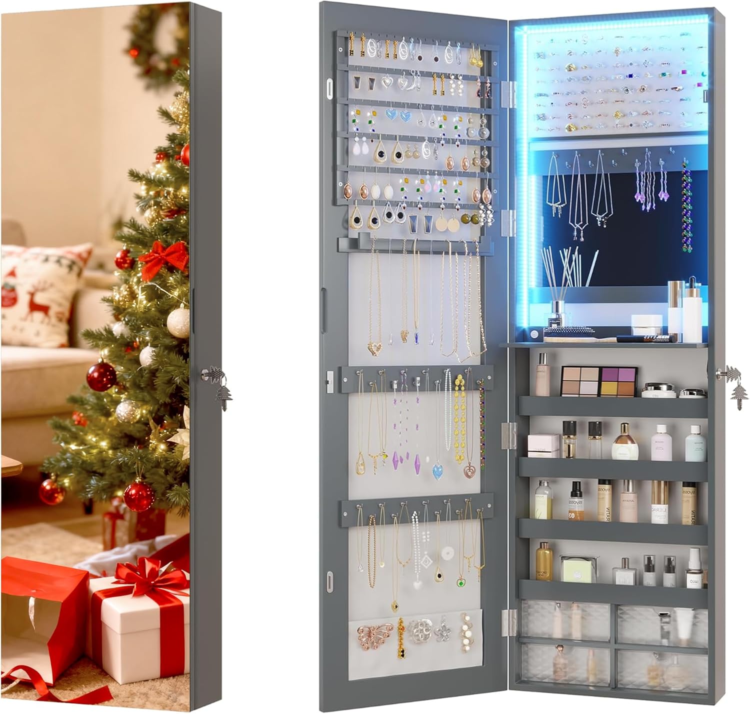47.2in LED Grey Jewelry Mirror Cabinet with Large Storage Space