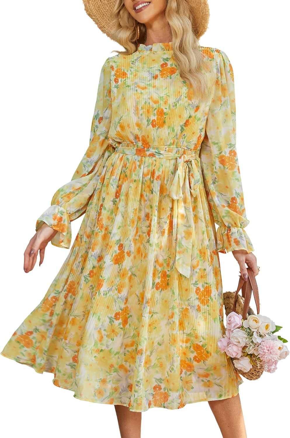 Elegant Floral Chiffon Midi Dress for Summer Weddings and Parties