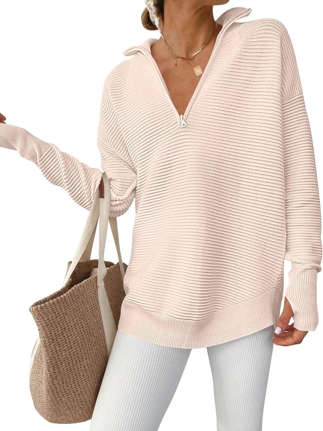 Womens Long Sleeve Quarter Zip Pullover Sweater for Casual Style