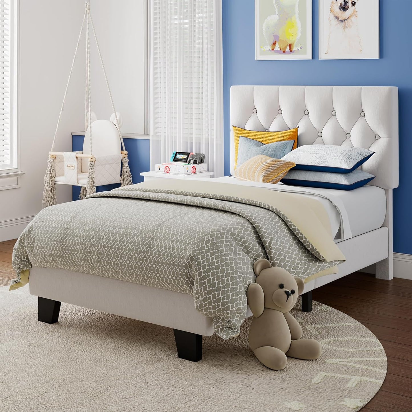 Twin Upholstered Bed Frame with Button Tufted Linen Design