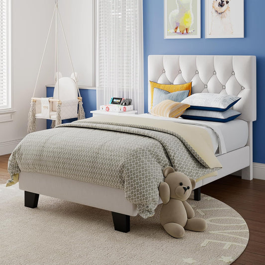 Twin Upholstered Bed Frame with Button Tufted Linen Design