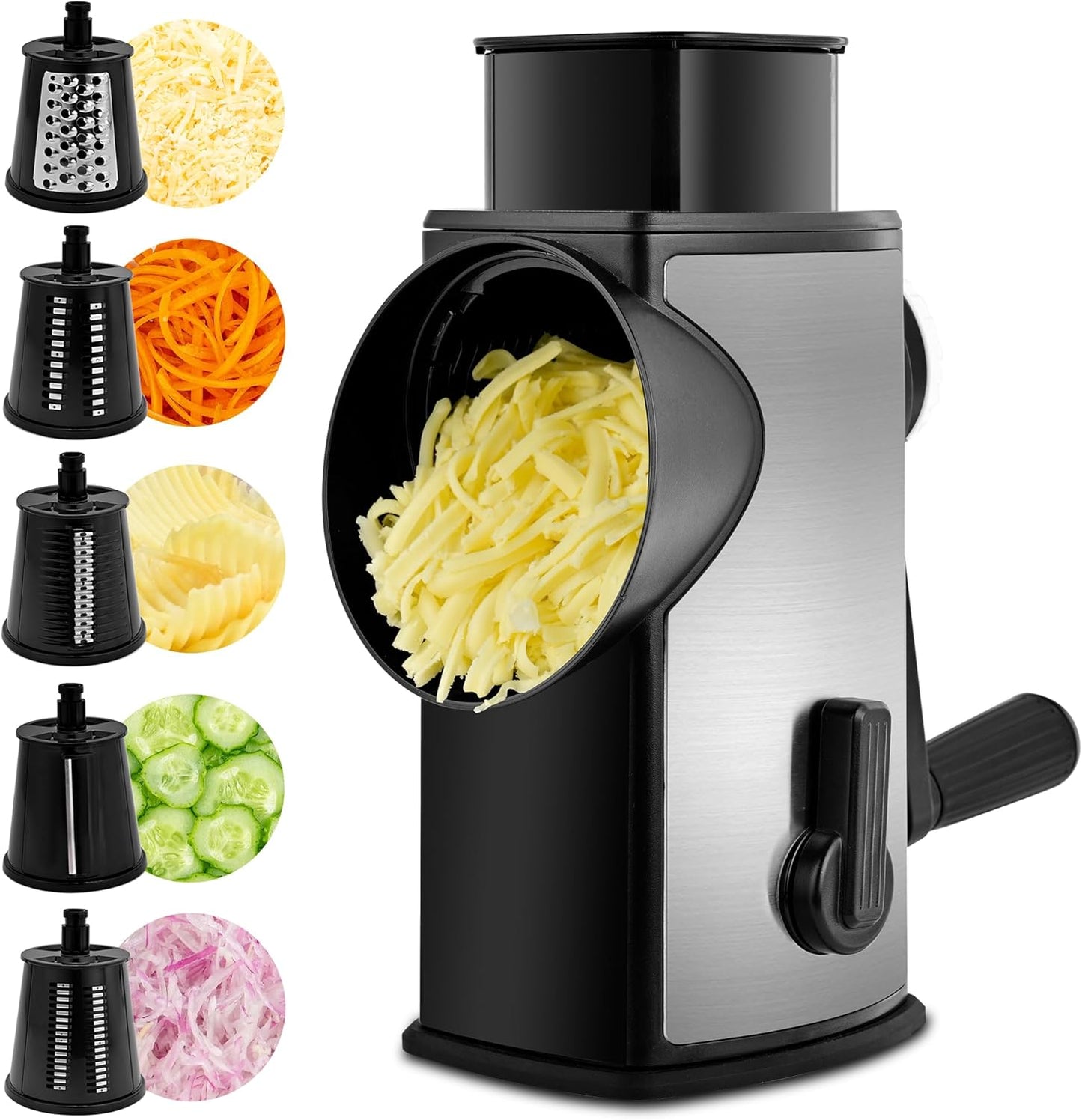 Rotary Cheese Grater with Handle and 5 Blades for Easy Slicing