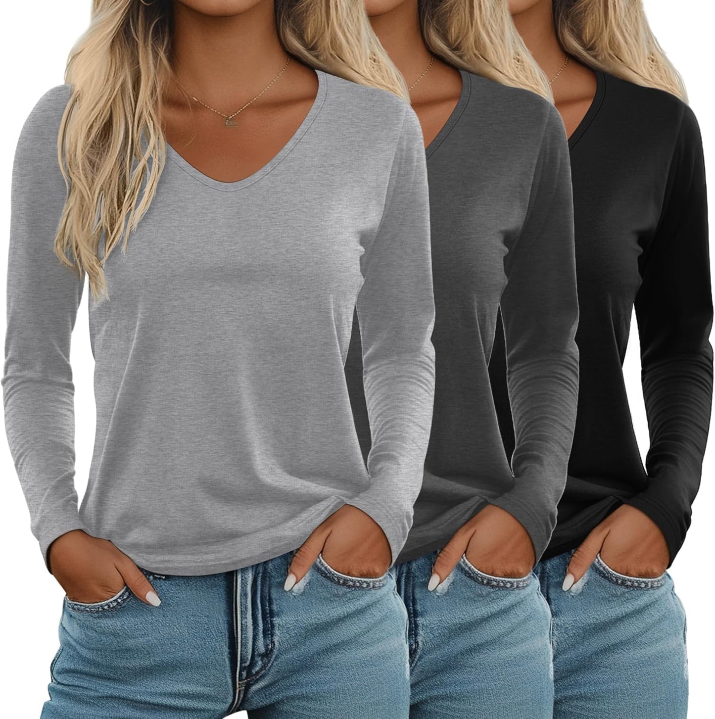 Ficerd 3 Pack Women's Long Sleeve V Neck Casual T Shirts