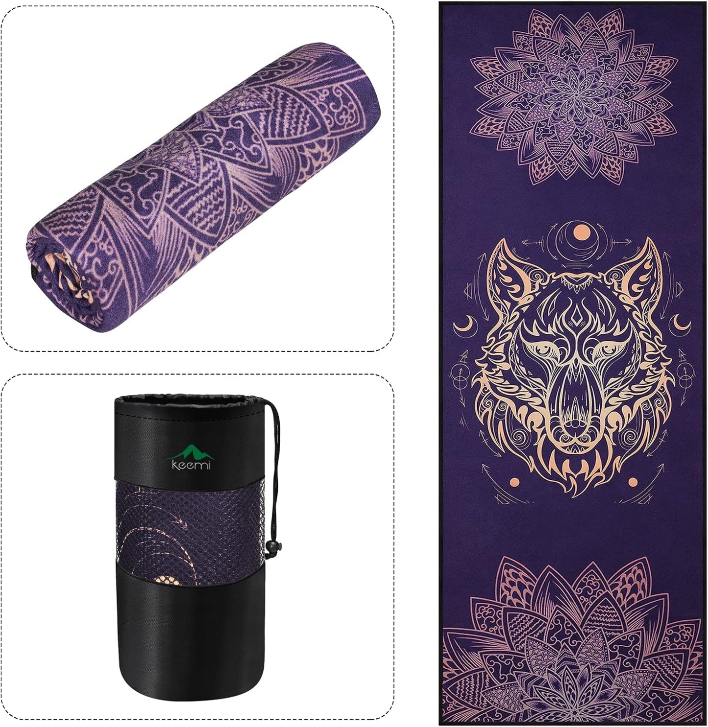 Non-Slip Microfiber Yoga Towel for Hot Yoga: Wolf Design