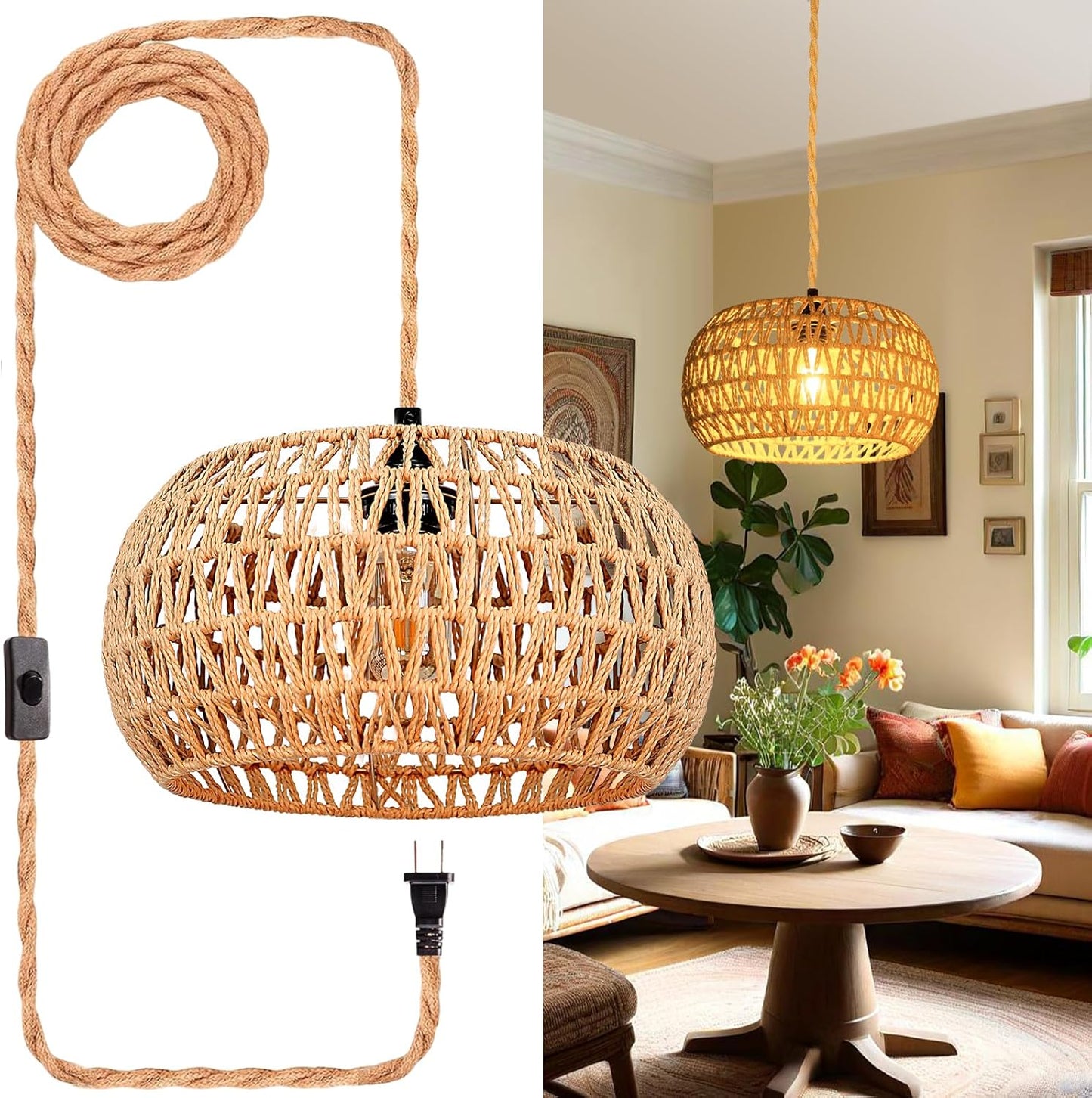 Rattan Hanging Lights with Plug in Cord for Cozy Ambiance