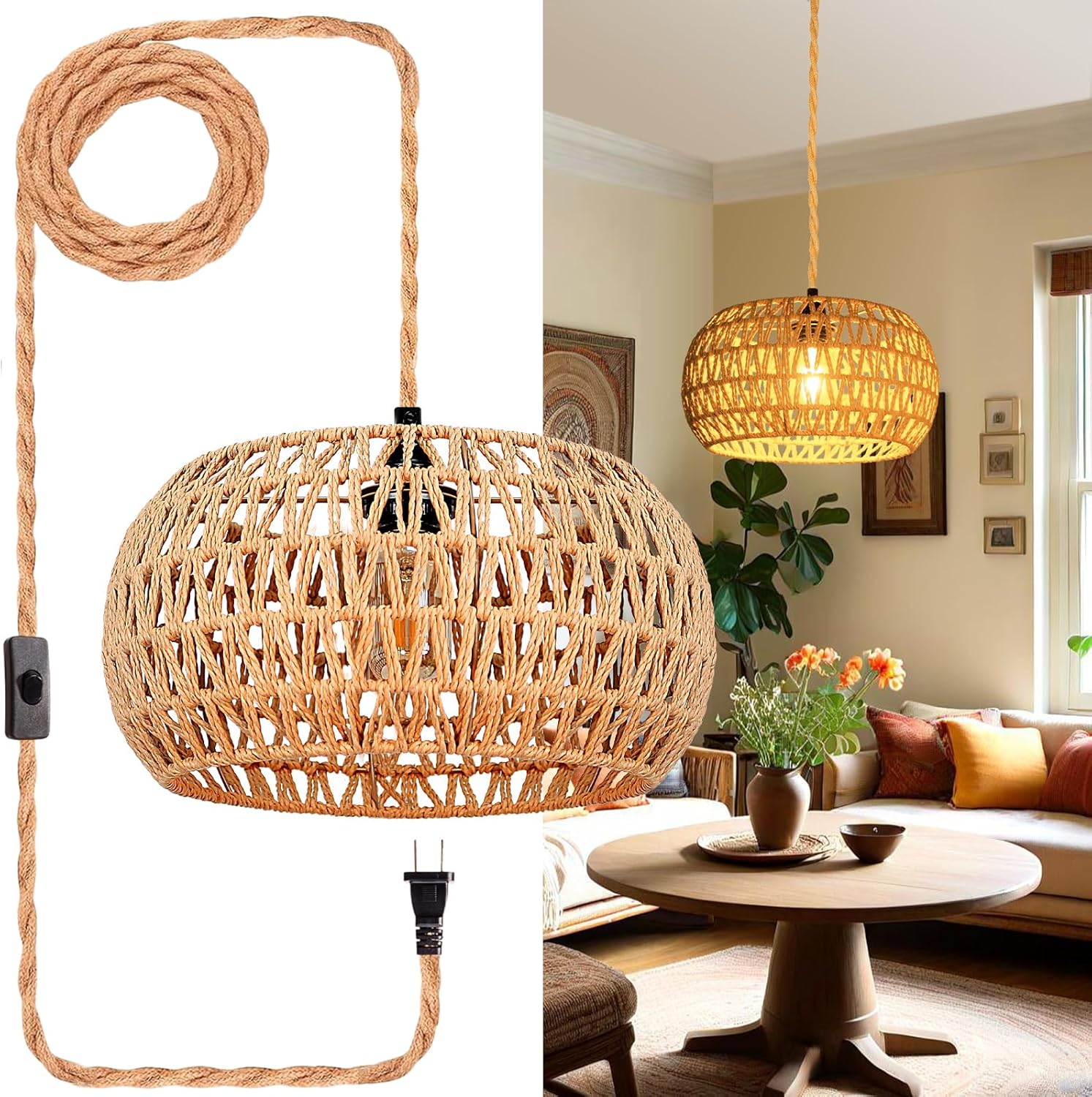 Rattan Hanging Lights with Plug in Cord for Cozy Ambiance
