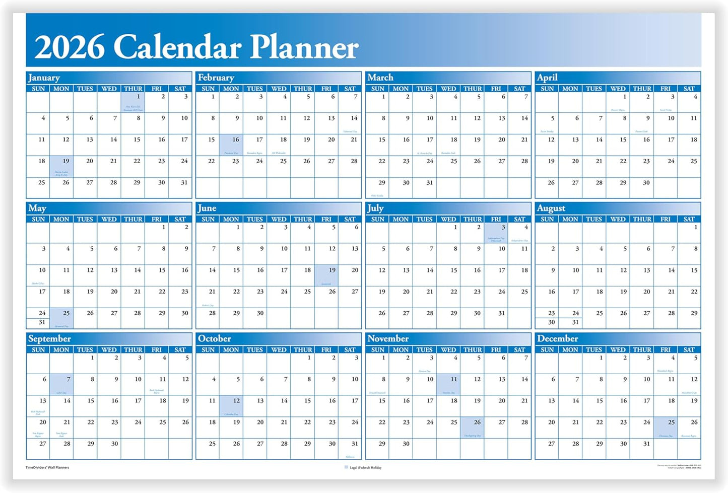 2026 Full Calendar Planner - 2-Sided Blue for Easy Management