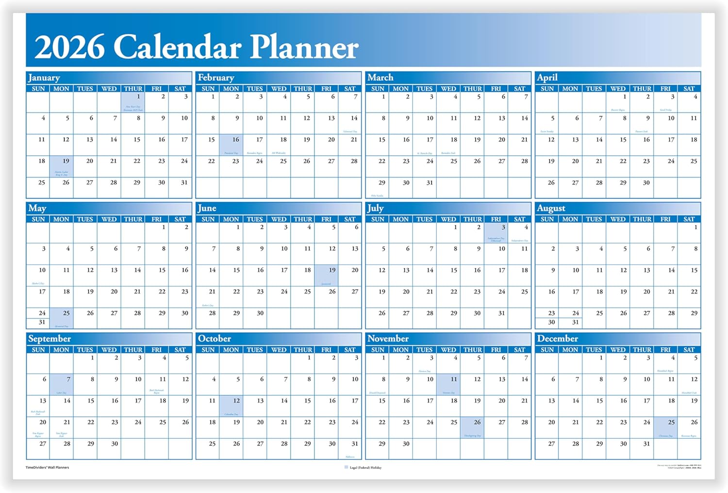 2026 Full Calendar Planner - 2-Sided Blue for Easy Management