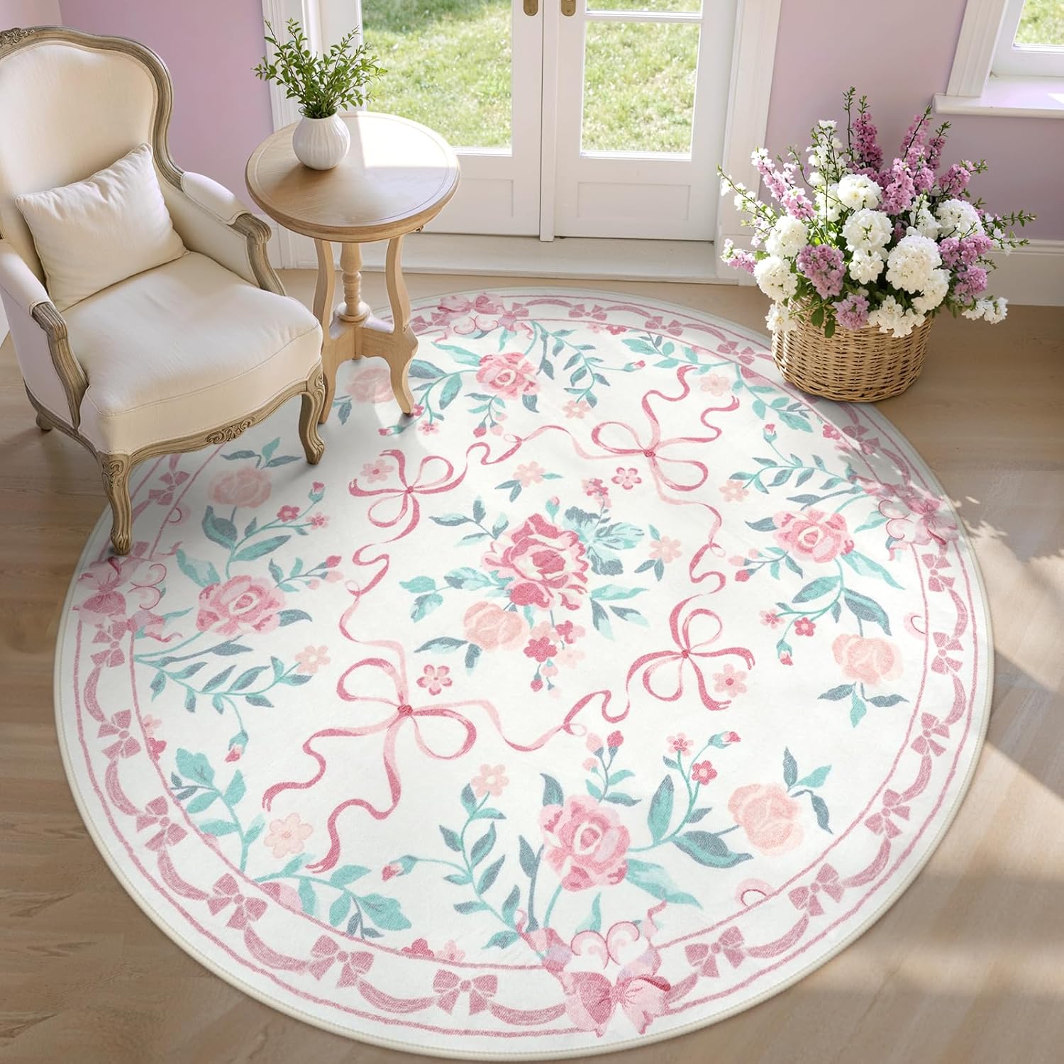Collive Pink 6ft Round Rugs for Girls - Floral Washable Decor