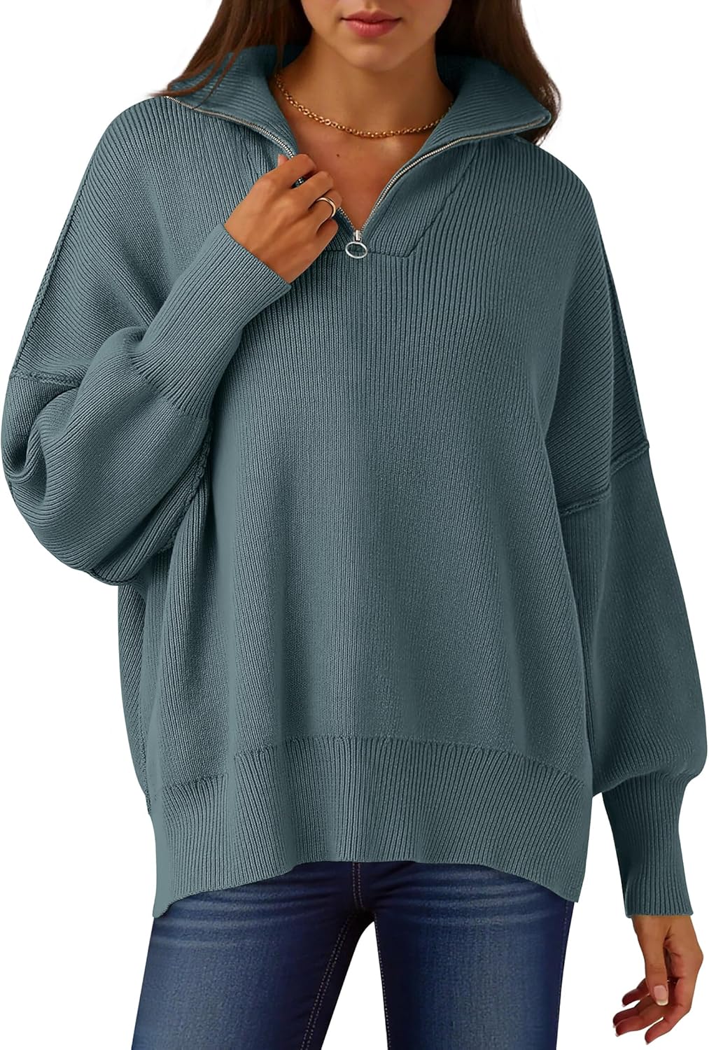 Oversized Fashion Long Sleeve Quarter Zip Sweater for Women