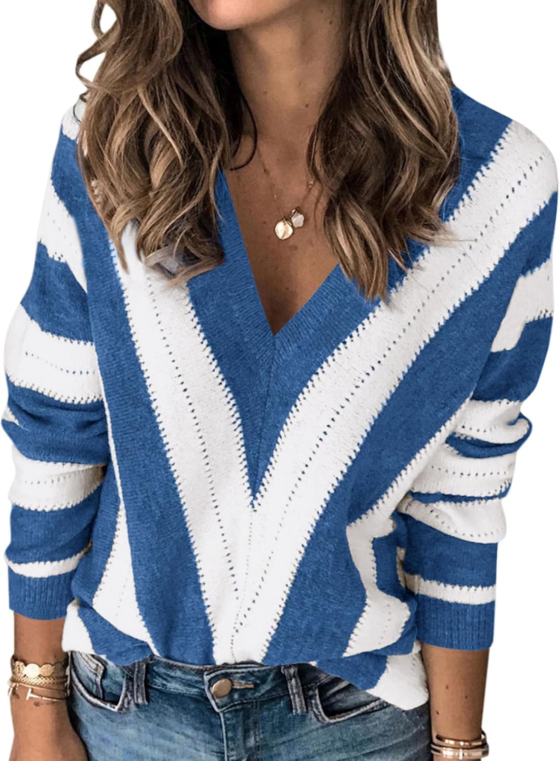 PRETTYGARDEN Long Sleeve Striped Knitted V Neck Pullover Tops