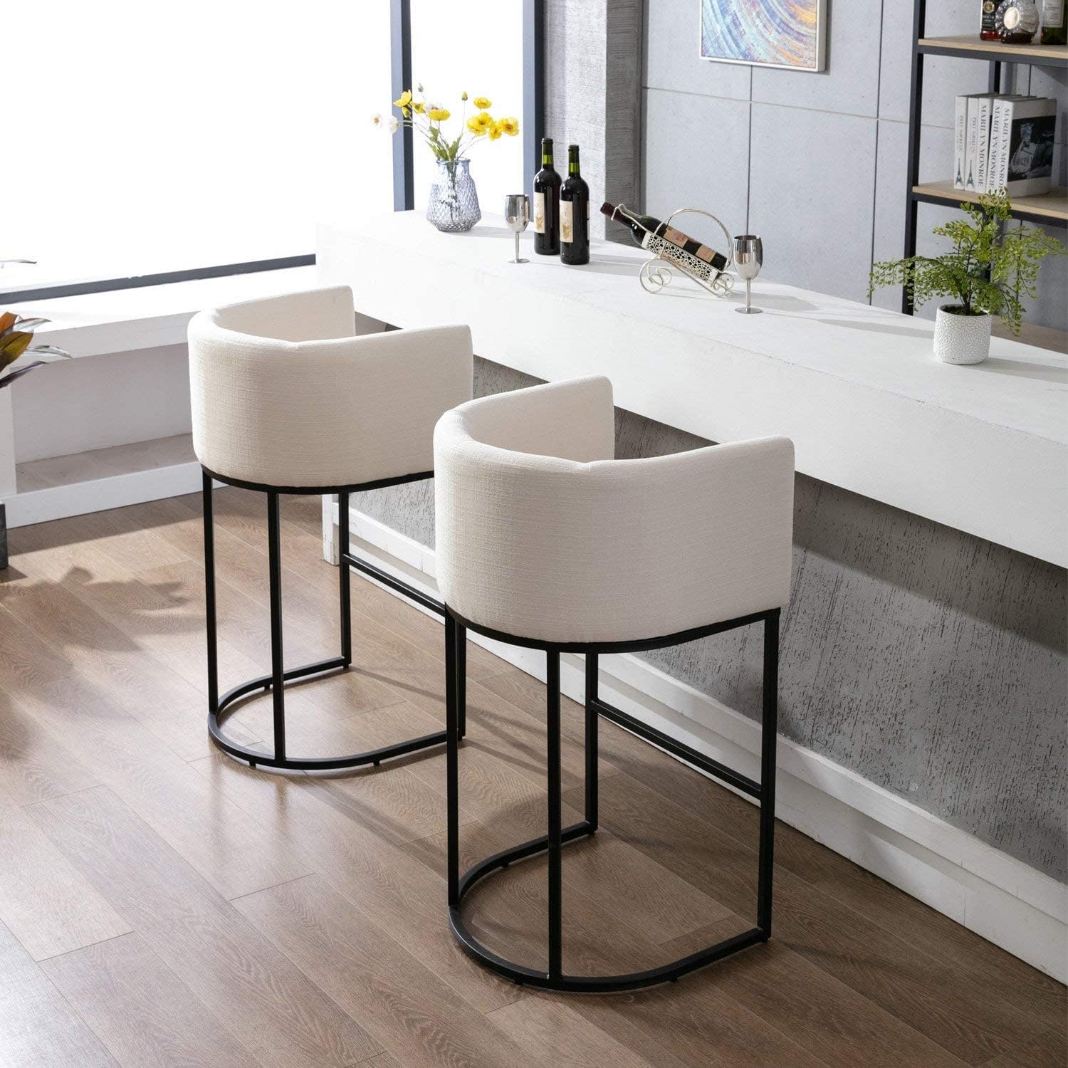 Contemporary Cream Linen Bar Stools Set of 2 for Kitchen Use