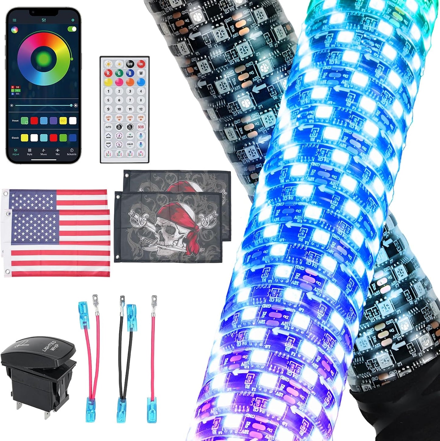 2FT Fat RGB LED Whip Lights for ATV UTV with App Control
