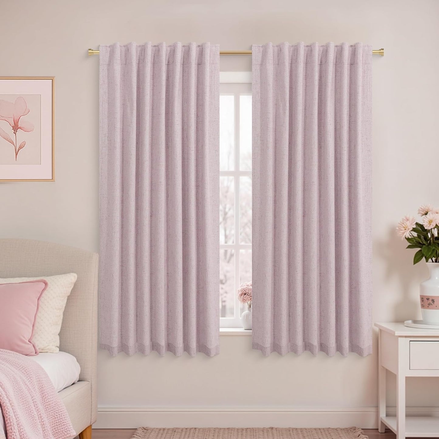 KOUFALL Back Tab Linen Blackout Curtains for Living Room 52x54