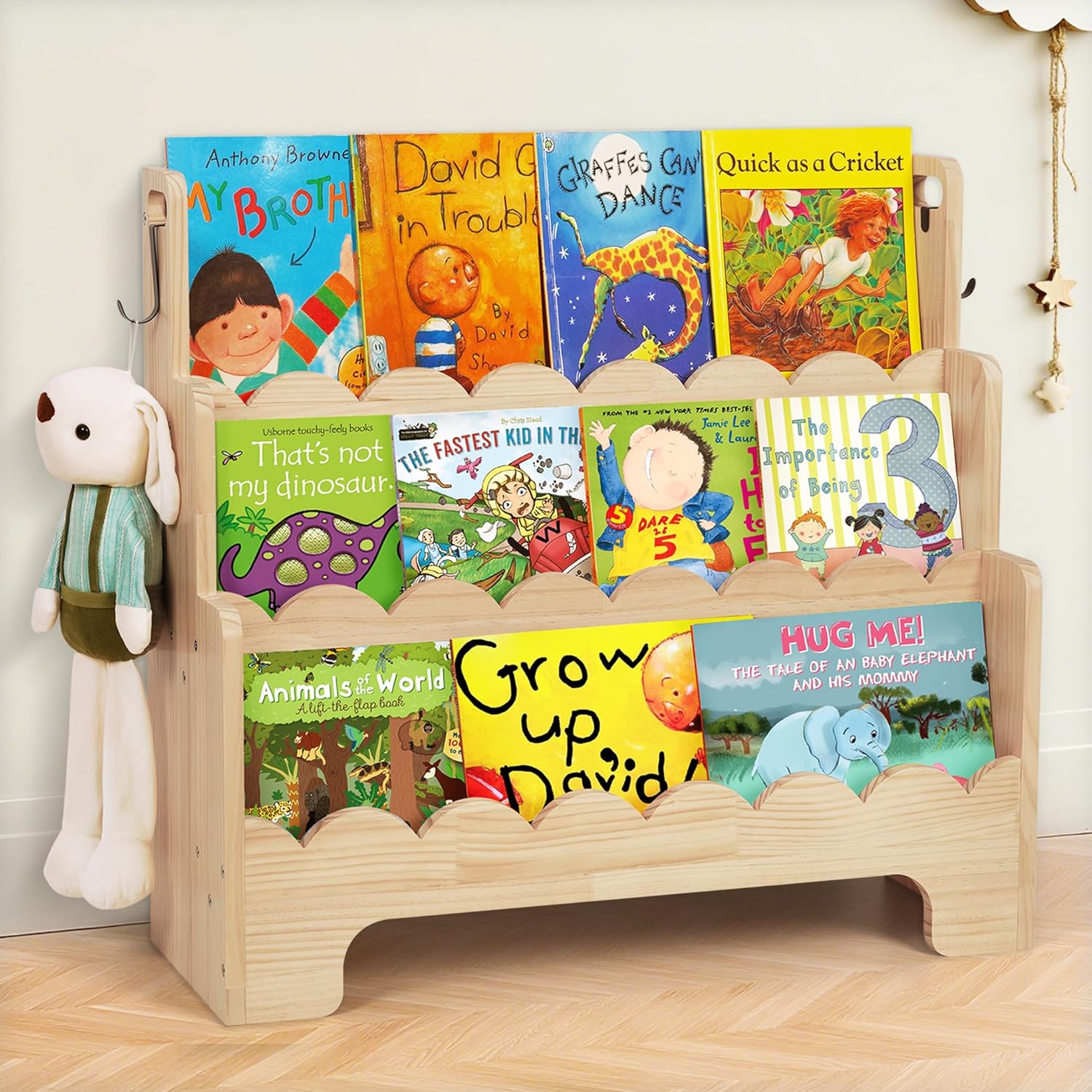 Kids Bookshelf Wooden 3-Tier Scalloped Design for Easy Access