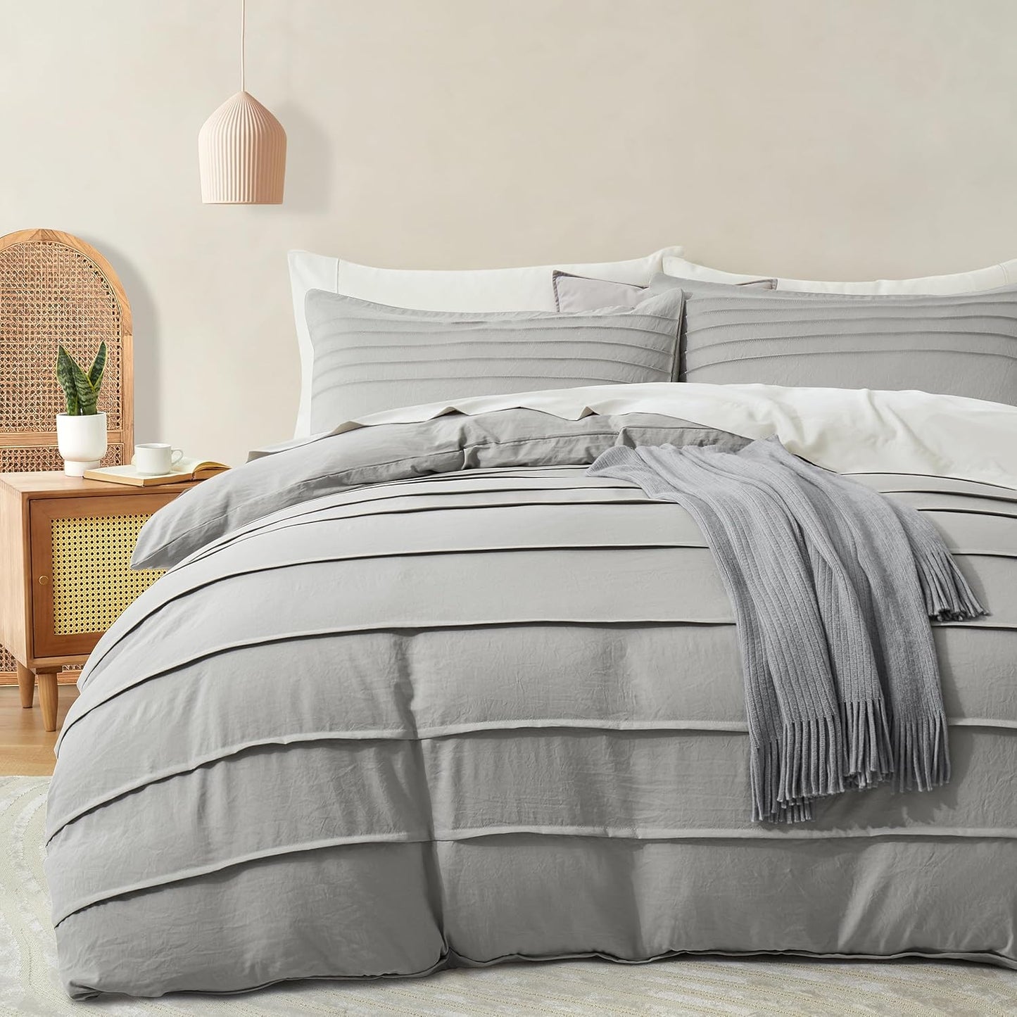 Light Grey Duvet Cover King Size - Pleated Bedding Set 3PCS
