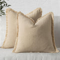 Decorative Linen Fringe Throw Pillow Covers 24x24 in - Neutral Beige