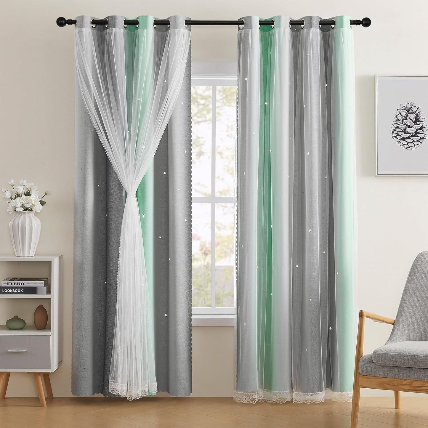 XiDi Green Grey Curtains for Girls Bedroom Decor with Unicorns