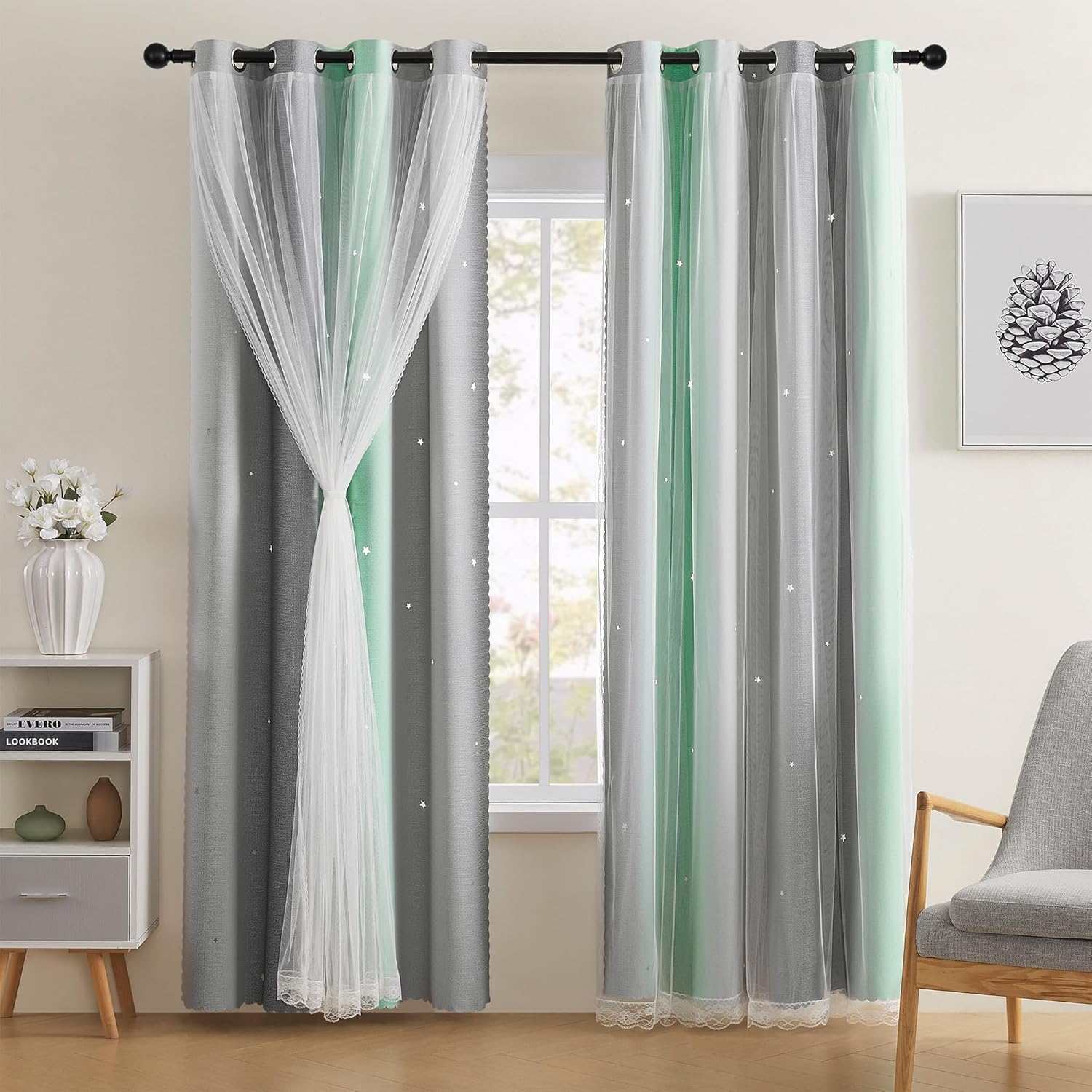 XiDi Green Grey Curtains for Girls Bedroom Decor with Unicorns