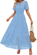 Womens Short Sleeve Maxi Dress V Neck Eyelet Ruffle - Elegant Fit