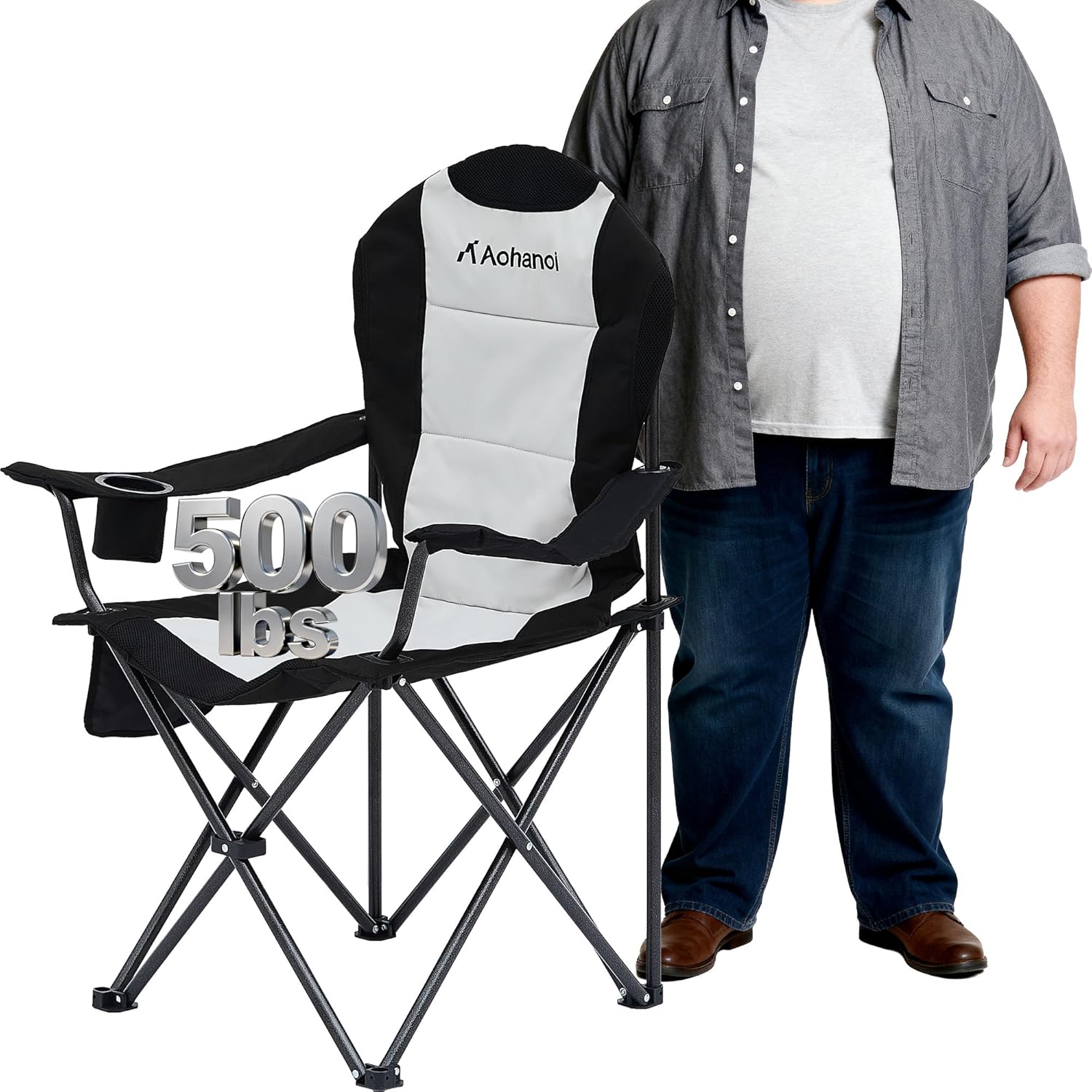 Camping Chairs for Heavy People with Cup Holder & Cooler Bag