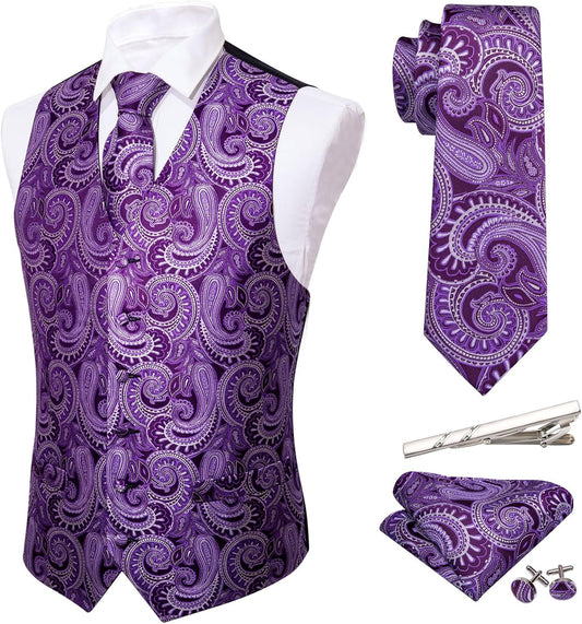 Barry.Wang Men's Suit Vest Set with Tie and Pocket Square 5PCS
