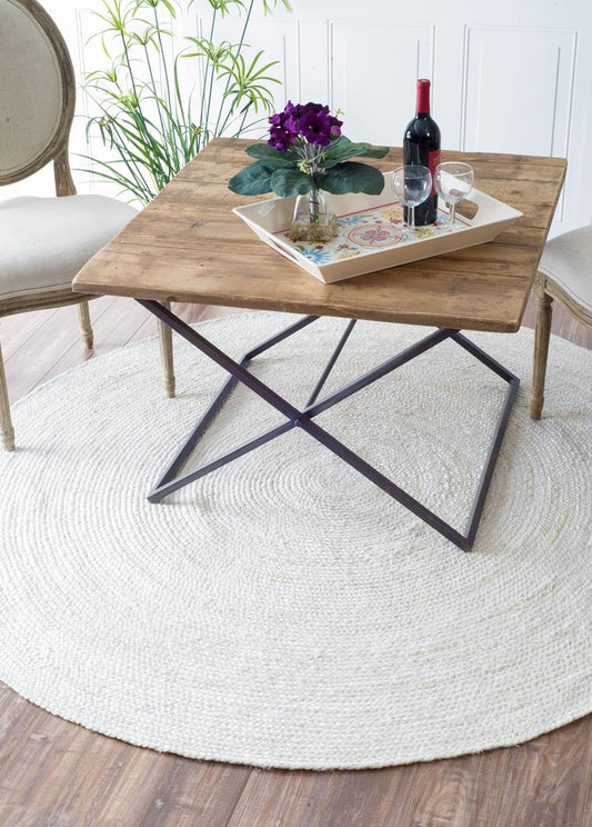 Handwoven Jute Area Rug - Off-White Round Rustic Vintage Style