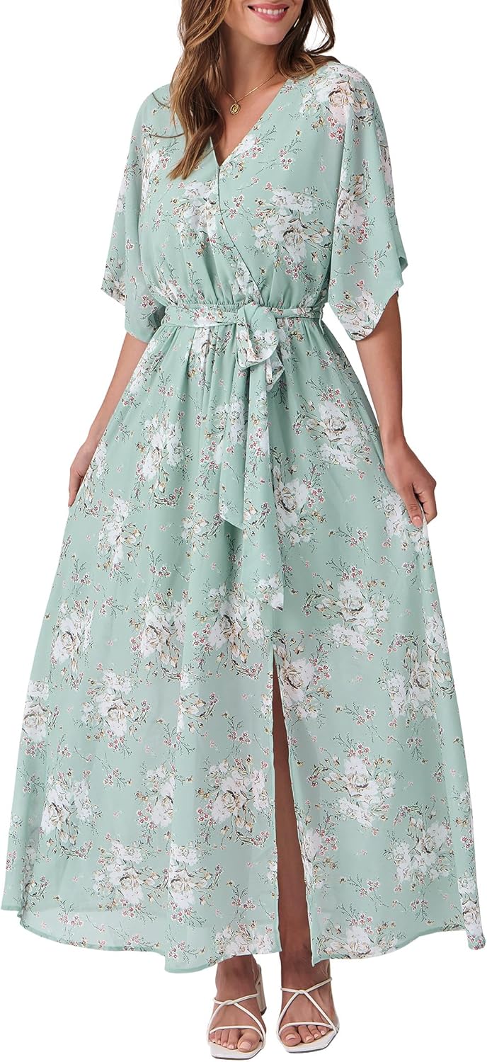 Womens Summer Loose Boho Flowy Wrap V Neck Maxi Dresses