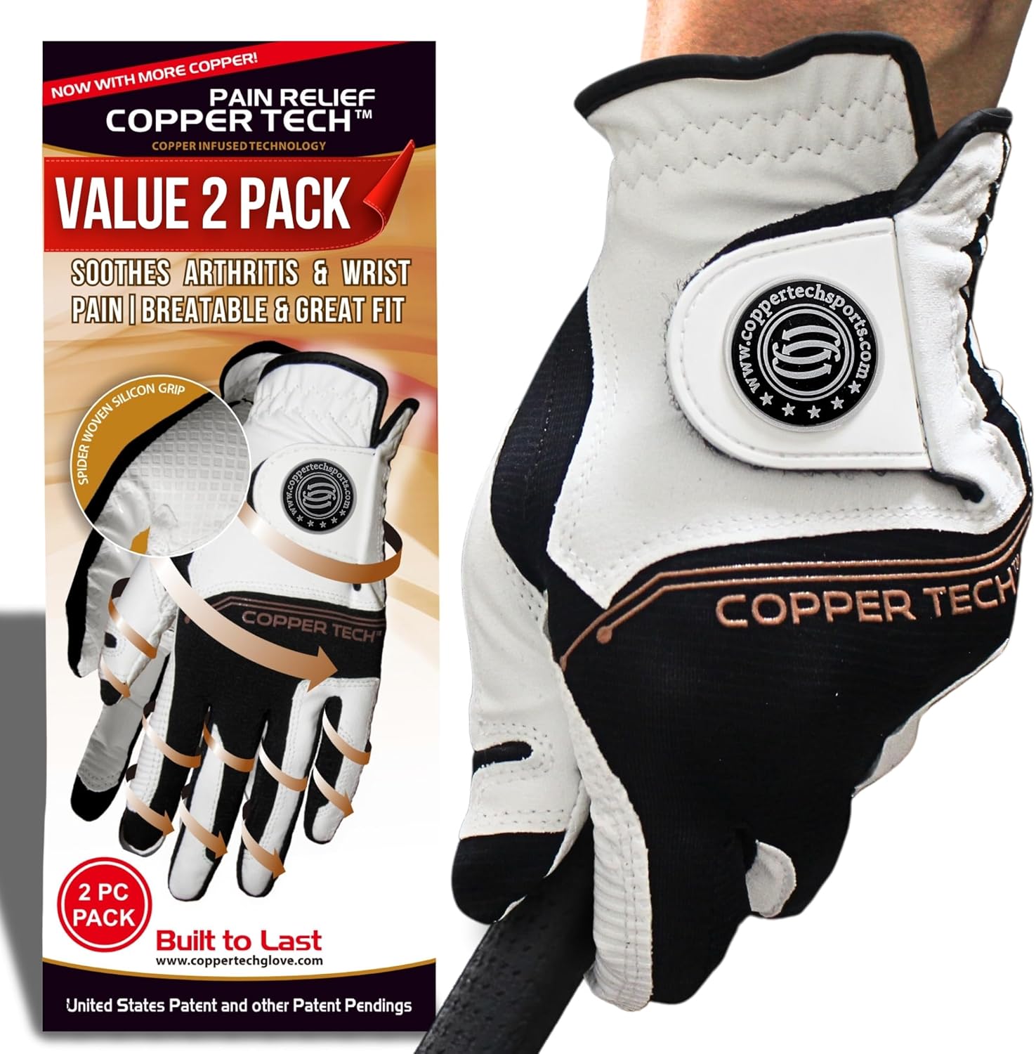 Copper Tech Golf Gloves for Right or Left Handed Golfers 2 Pack