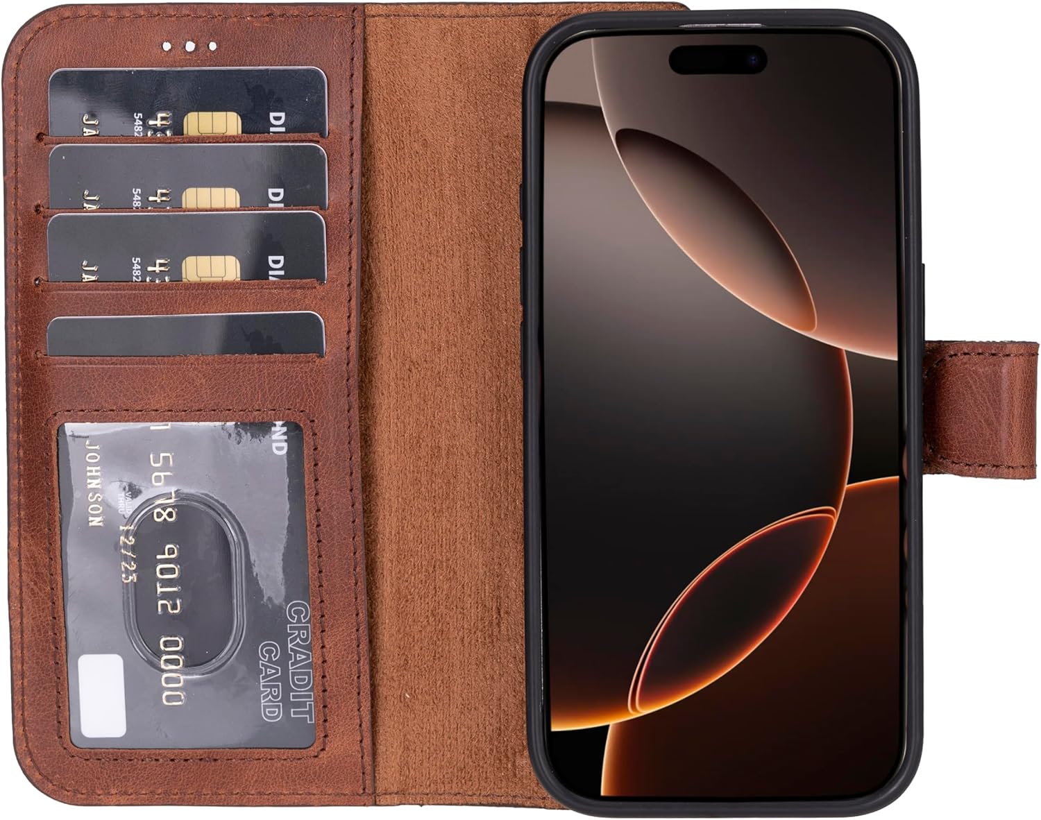 Genuine Leather Handmade Wallet Case for iPhone 16 Pro - Brown