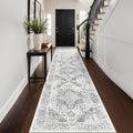 Washable 2ft6in x 14ft Grey Runner Rug - Non-Slip Vintage Low-Pile
