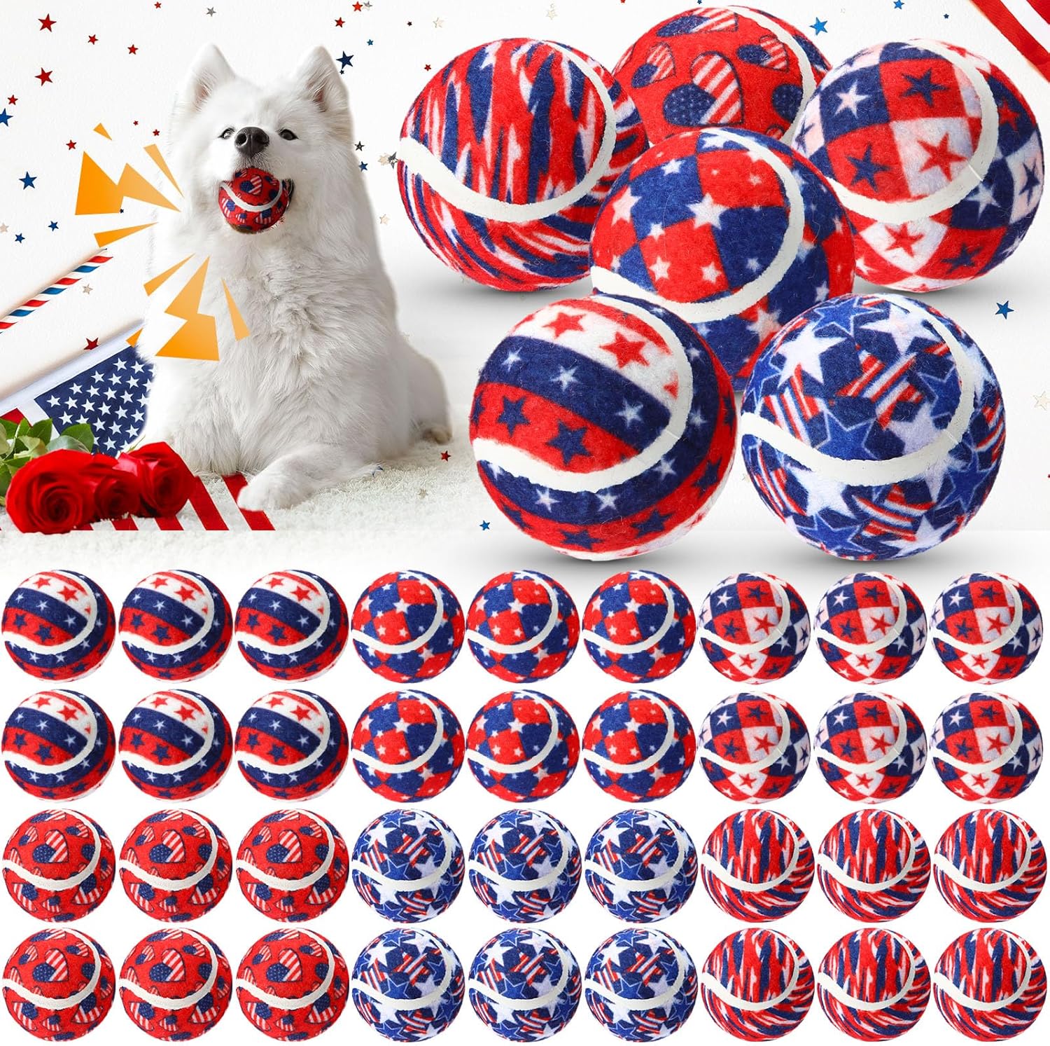 36 Pcs Independence Day Dog Squeaky Tennis Balls for Fun Play