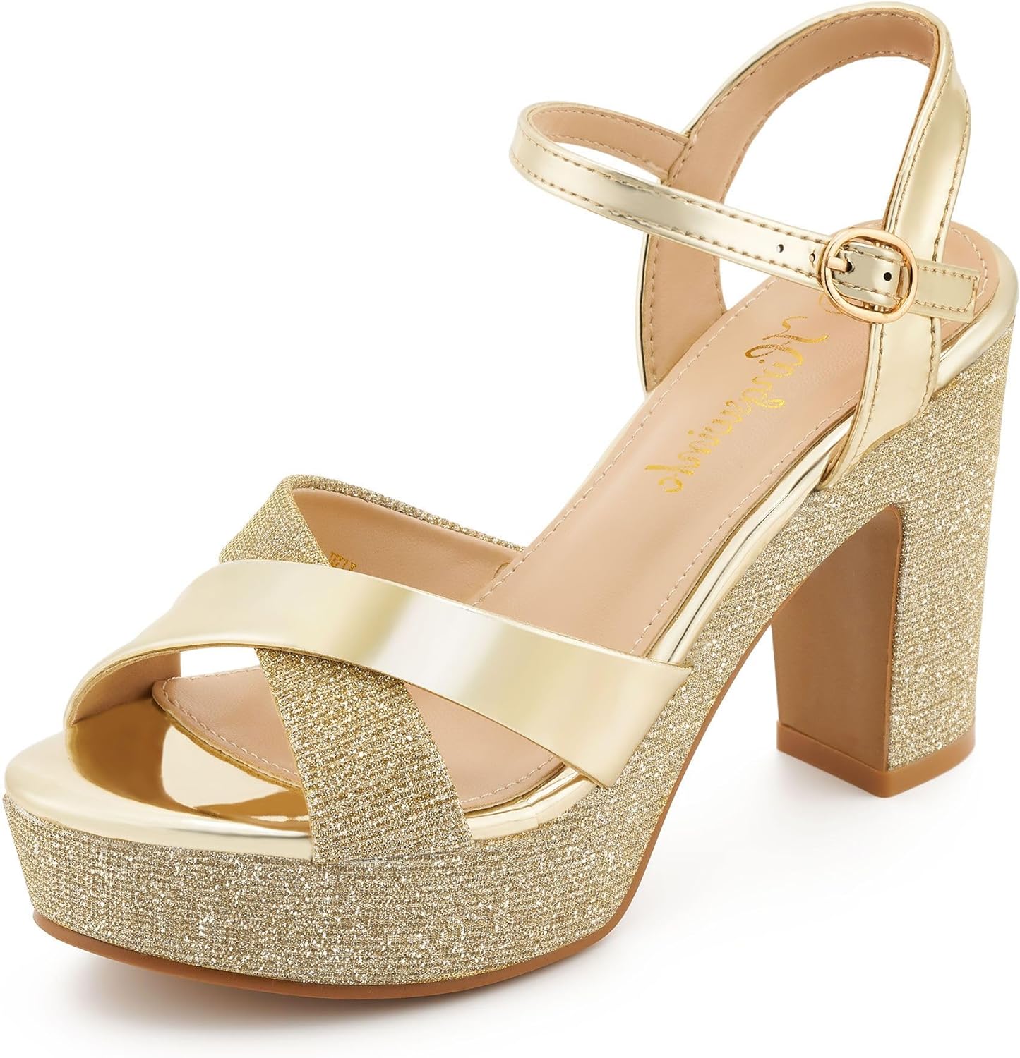 Womens Sparkly Platform Dress Sandals with Chunky Block Heel