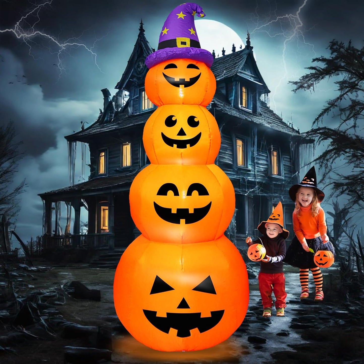 8FT Halloween Inflatable Pumpkins with Witch's Hat for Yard