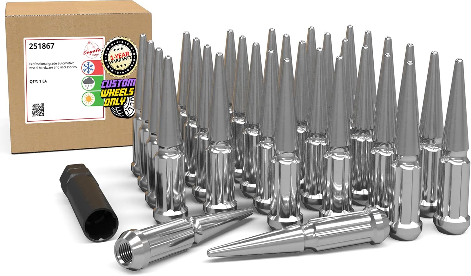 32 Pcs 4.40 Long Chrome Spike Spline Lug Nuts for Trucks