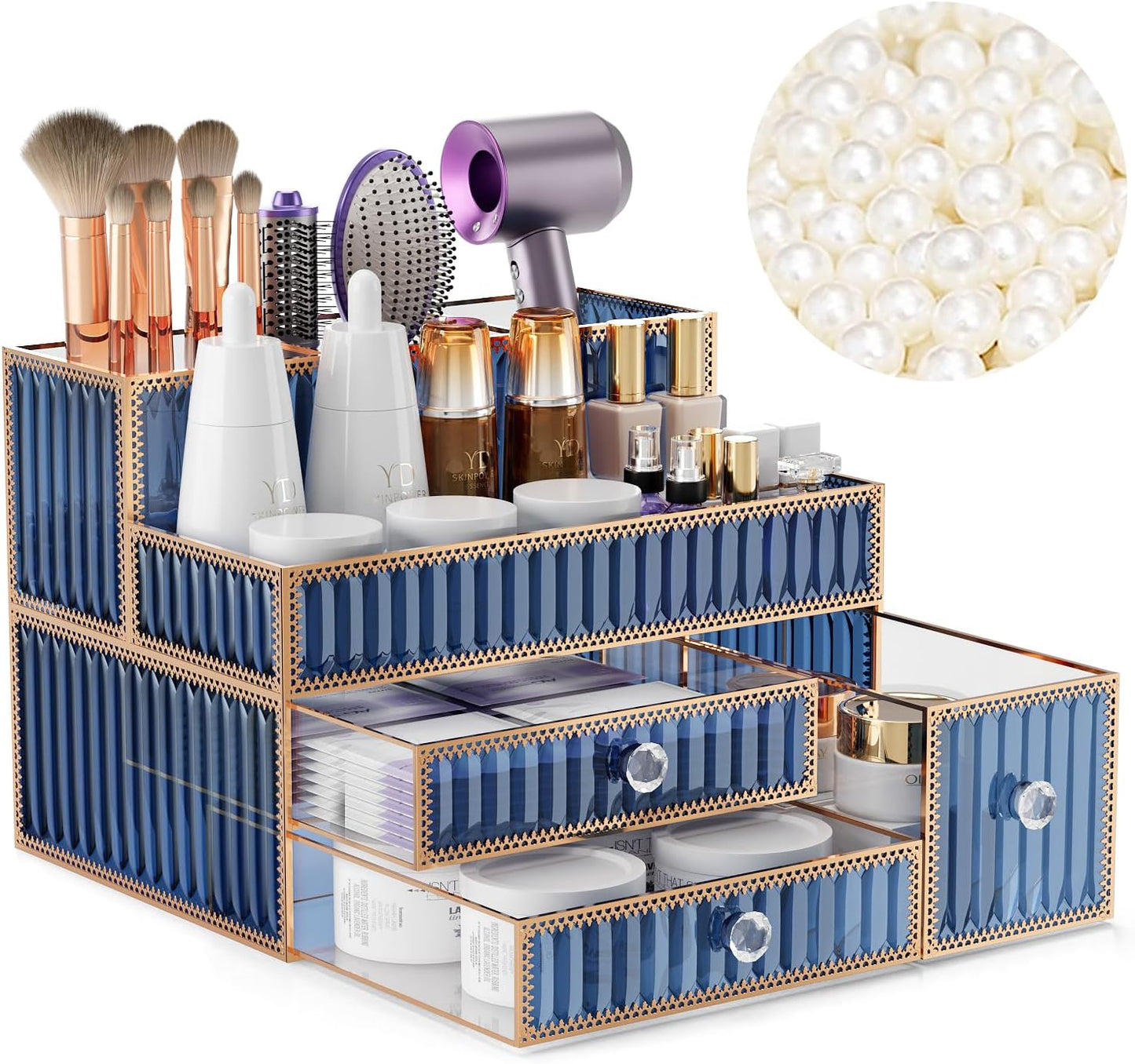 Makeup Organizer Blue - Stylish Tempered Glass Vanity Storage