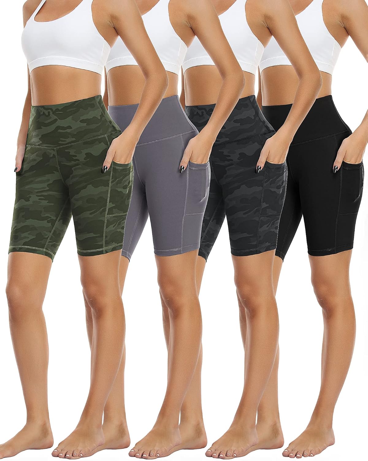 4 Pack Biker Shorts with Pockets for Women - High Waist Comfort