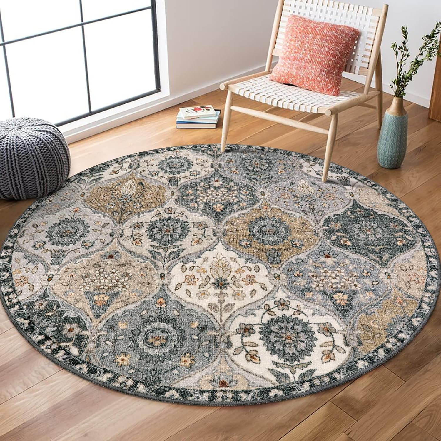 Lahome Moroccan Trellis Washable Round Rug for Home Decor