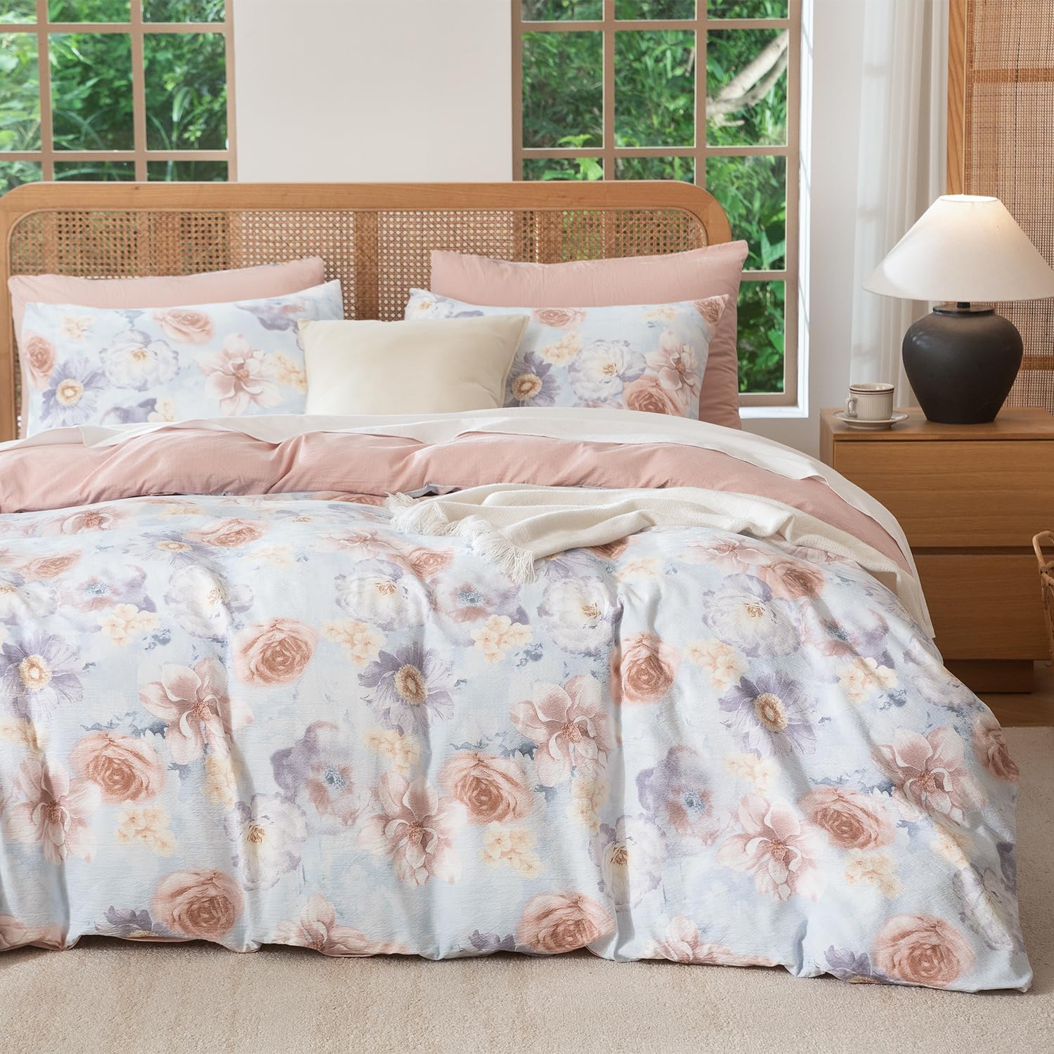 Queen Size Comforter Floral 3 Pieces Soft Chic Crinkle Gauze